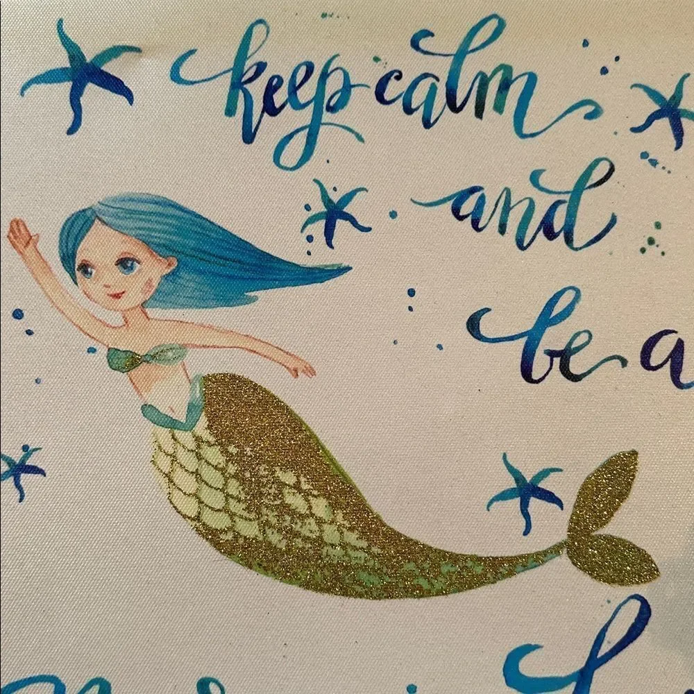 Art Mermaid Wrapped Canvas Wall Art Glitter Sides 12” x 12” Beach Coastal
